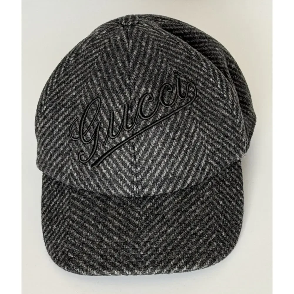 Gucci Herringbone Wool/Silk Baseball Hat Charcoal Logo Cap Size Large 817497 NWT